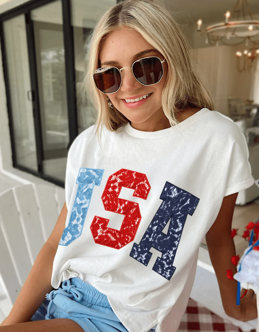 USA Laced Graphic Letter Oversized Capped Sleeve Top | K English Collection