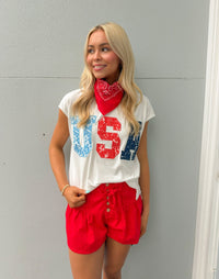 USA Laced Graphic Letter Oversized Capped Sleeve Top | K English Collection