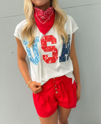 USA Laced Graphic Letter Oversized Capped Sleeve Top | K English Collection