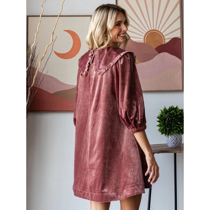 VELVET PUFF SLEEVE PETER PAN COLLAR SHORT DRESS VELVET PUFF SLEEVE PETER PAN COLLAR SHORT DRESS