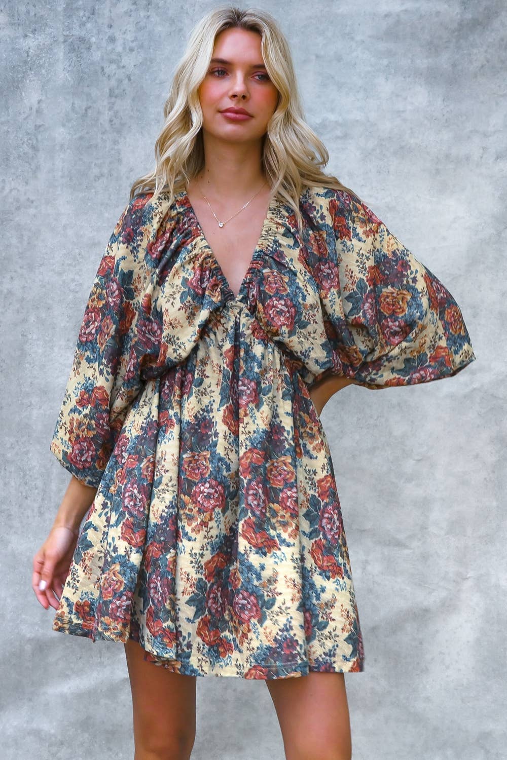 Vintage Floral Print Dolman Bubble Dress with Pockets | Kori America