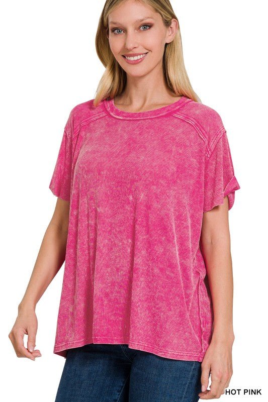 Washed Ribbed Short Sleeve Boat-neck Top (in Multiple Colors) | Zenana