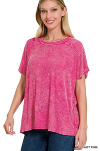 Washed Ribbed Short Sleeve Boat-neck Top (in Multiple Colors) | Zenana