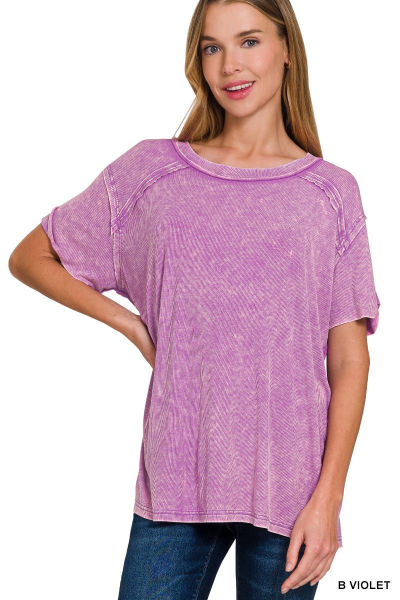 Washed Ribbed Short Sleeve Boat-neck Top (in Multiple Colors) | Zenana