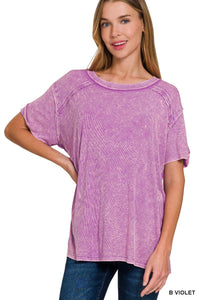Washed Ribbed Short Sleeve Boat-neck Top (in Multiple Colors) | Zenana