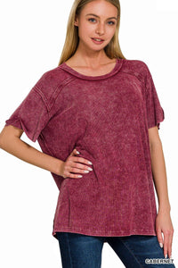 Washed Ribbed Short Sleeve Boat-neck Top (in Multiple Colors) | Zenana