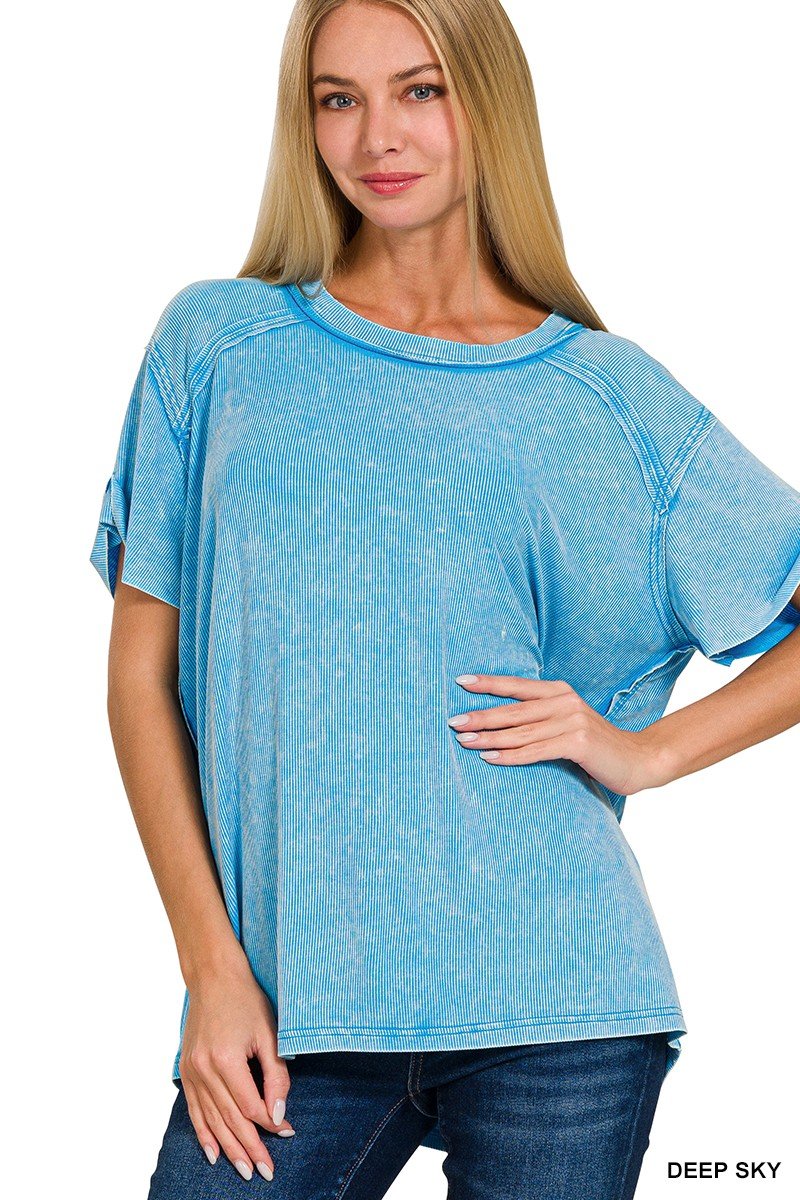 Washed Ribbed Short Sleeve Boat-neck Top (in Multiple Colors) | Zenana