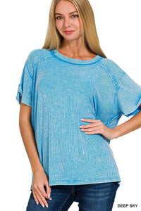 Washed Ribbed Short Sleeve Boat-neck Top (in Multiple Colors) | Zenana