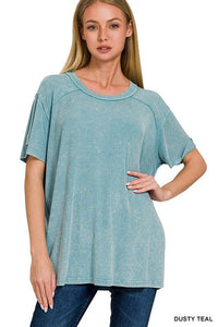 Washed Ribbed Short Sleeve Boat-neck Top (in Multiple Colors) | Zenana