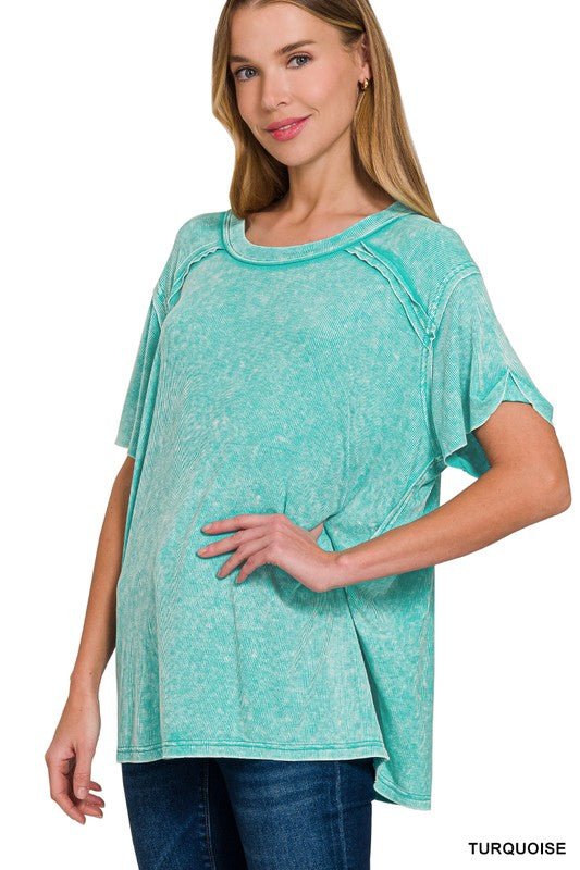 Washed Ribbed Short Sleeve Boat-neck Top (in Multiple Colors) | Zenana