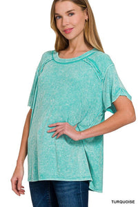 Washed Ribbed Short Sleeve Boat-neck Top (in Multiple Colors) | Zenana
