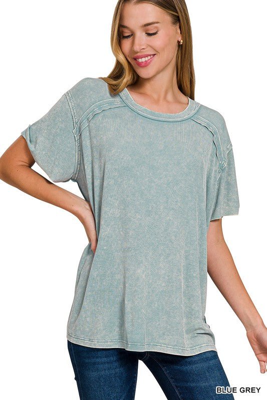 Washed Ribbed Short Sleeve Boat-neck Top (in Multiple Colors) | Zenana
