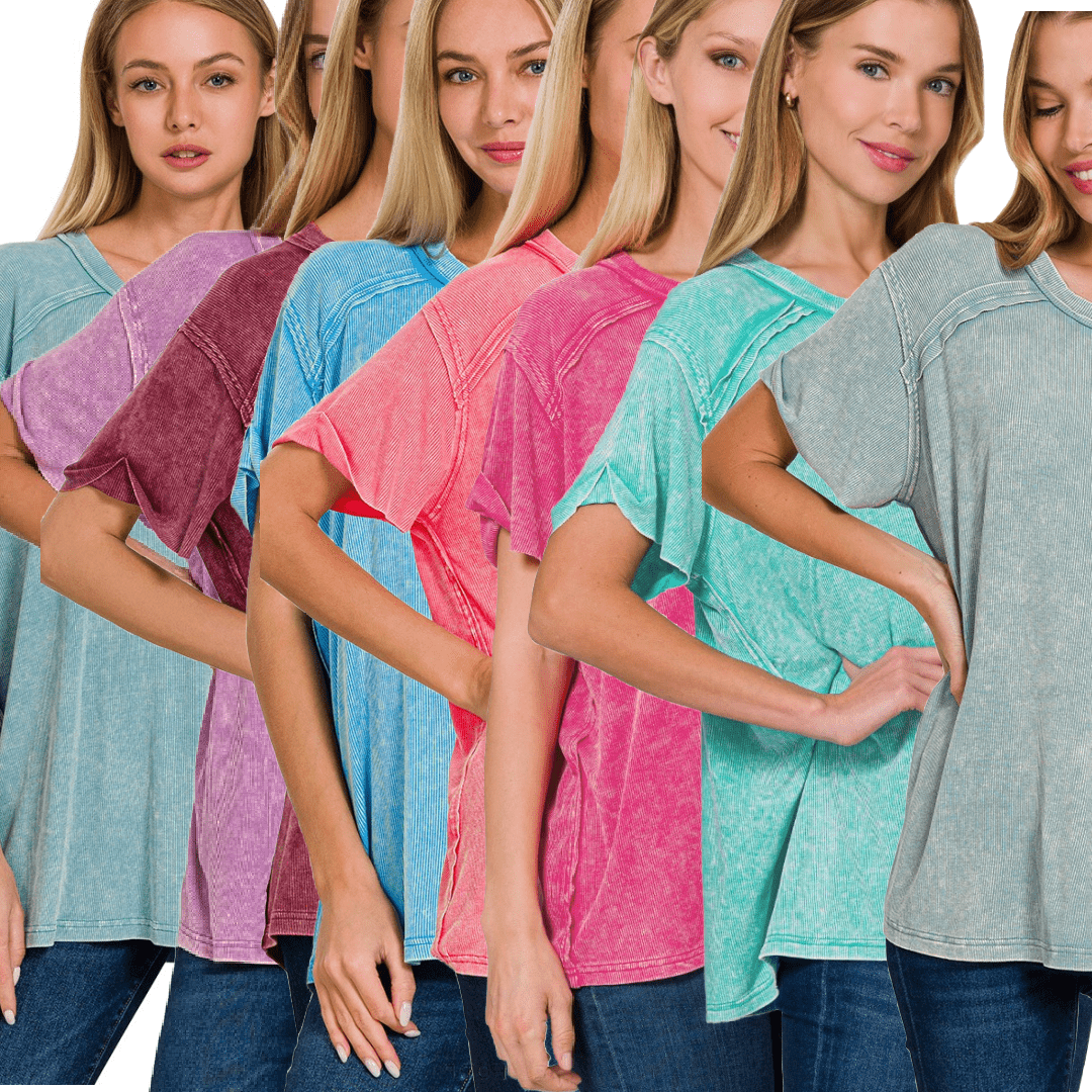 Washed Ribbed Short Sleeve Boat-neck Top (in Multiple Colors) | Zenana