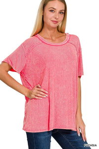 Washed Ribbed Short Sleeve Boat-neck Top (in Multiple Colors) | Zenana
