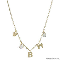 Water Resistant Gold Chain Initial Charm with Clover, Puffy Heart, Bow Necklace 16"-18" Necklace | What's Hot
