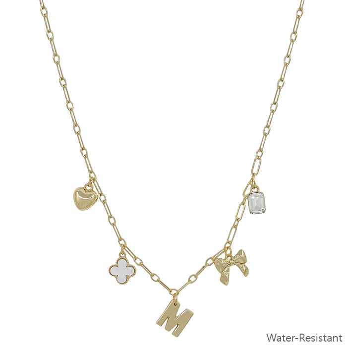 Water Resistant Gold Chain Initial Charm with Clover, Puffy Heart, Bow Necklace 16"-18" Necklace | What's Hot