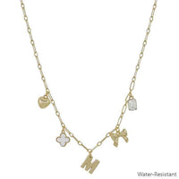 Water Resistant Gold Chain Initial Charm with Clover, Puffy Heart, Bow Necklace 16"-18" Necklace | What's Hot