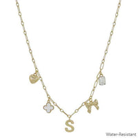 Water Resistant Gold Chain Initial Charm with Clover, Puffy Heart, Bow Necklace 16"-18" Necklace | What's Hot