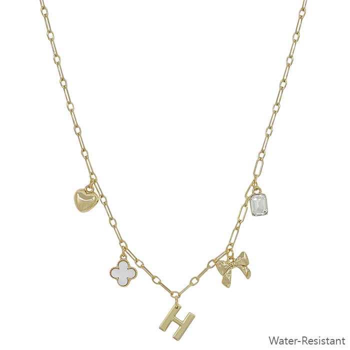 Water Resistant Gold Chain Initial Charm with Clover, Puffy Heart, Bow Necklace 16"-18" Necklace | What's Hot