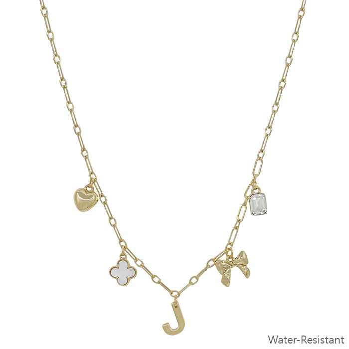 Water Resistant Gold Chain Initial Charm with Clover, Puffy Heart, Bow Necklace 16"-18" Necklace | What's Hot