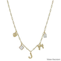 Water Resistant Gold Chain Initial Charm with Clover, Puffy Heart, Bow Necklace 16"-18" Necklace | What's Hot