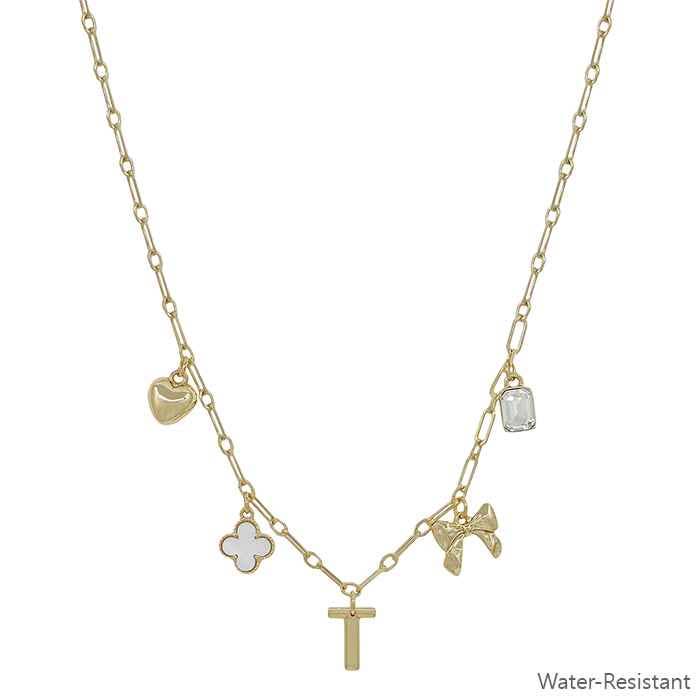 Water Resistant Gold Chain Initial Charm with Clover, Puffy Heart, Bow Necklace 16"-18" Necklace | What's Hot