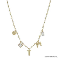 Water Resistant Gold Chain Initial Charm with Clover, Puffy Heart, Bow Necklace 16"-18" Necklace | What's Hot