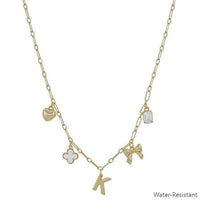 Water Resistant Gold Chain Initial Charm with Clover, Puffy Heart, Bow Necklace 16"-18" Necklace | What's Hot