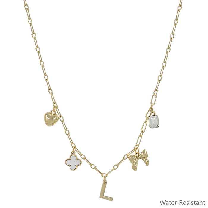 Water Resistant Gold Chain Initial Charm with Clover, Puffy Heart, Bow Necklace 16"-18" Necklace | What's Hot