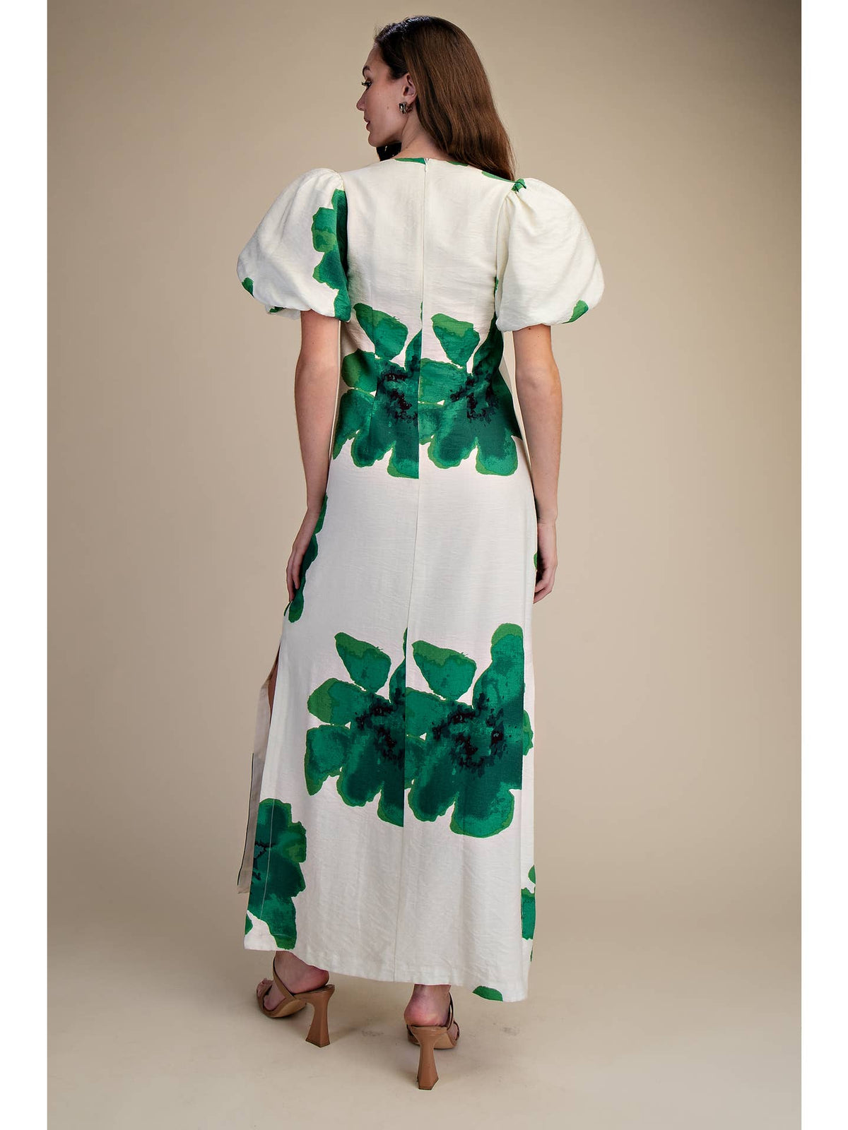 Watercolor Green Floral Puff-Sleeve A-Line White Maxi Dress | Glam