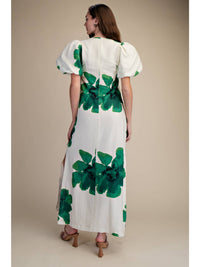 Watercolor Green Floral Puff-Sleeve A-Line White Maxi Dress | Glam