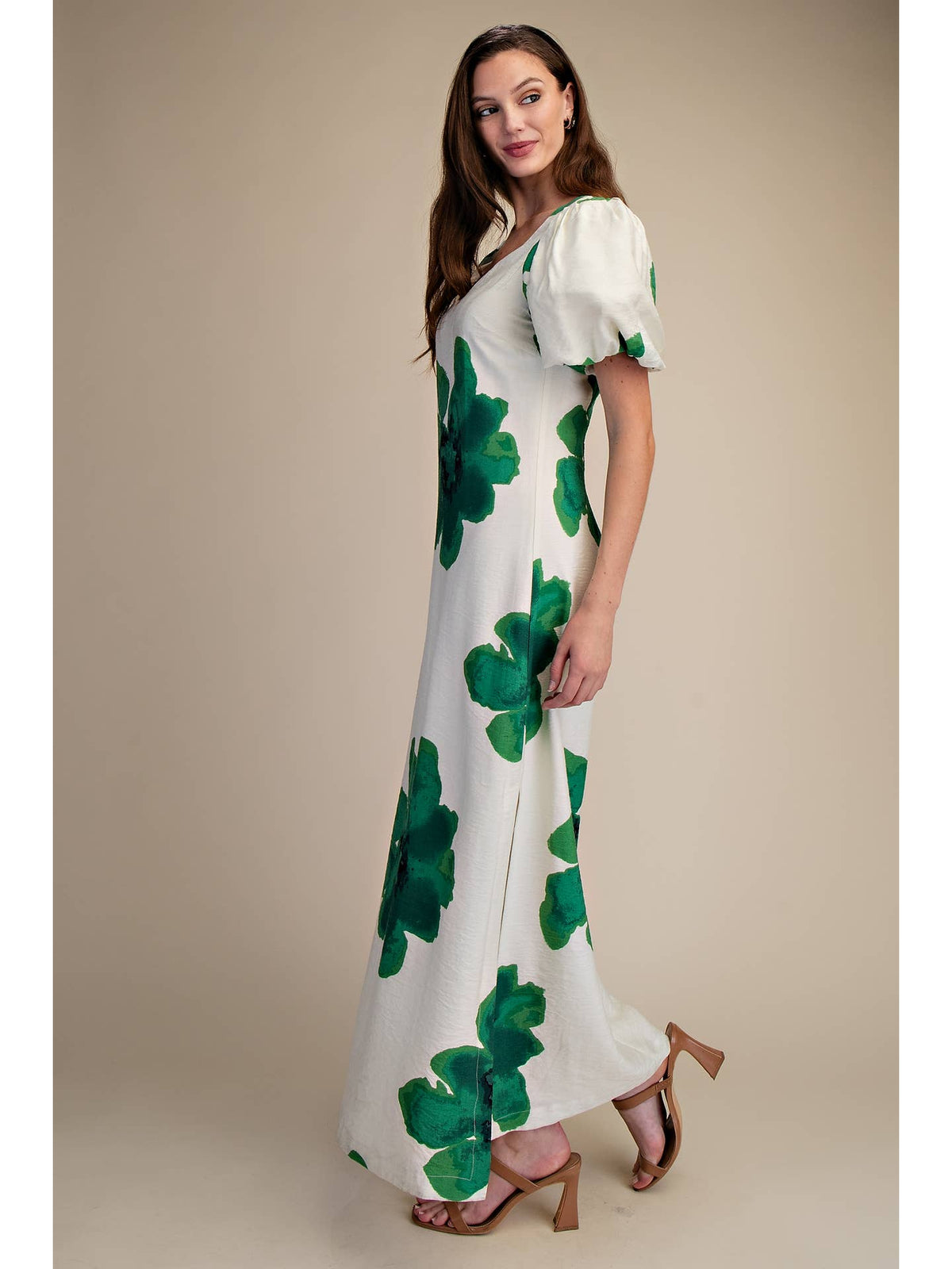 Watercolor Green Floral Puff-Sleeve A-Line White Maxi Dress | Glam