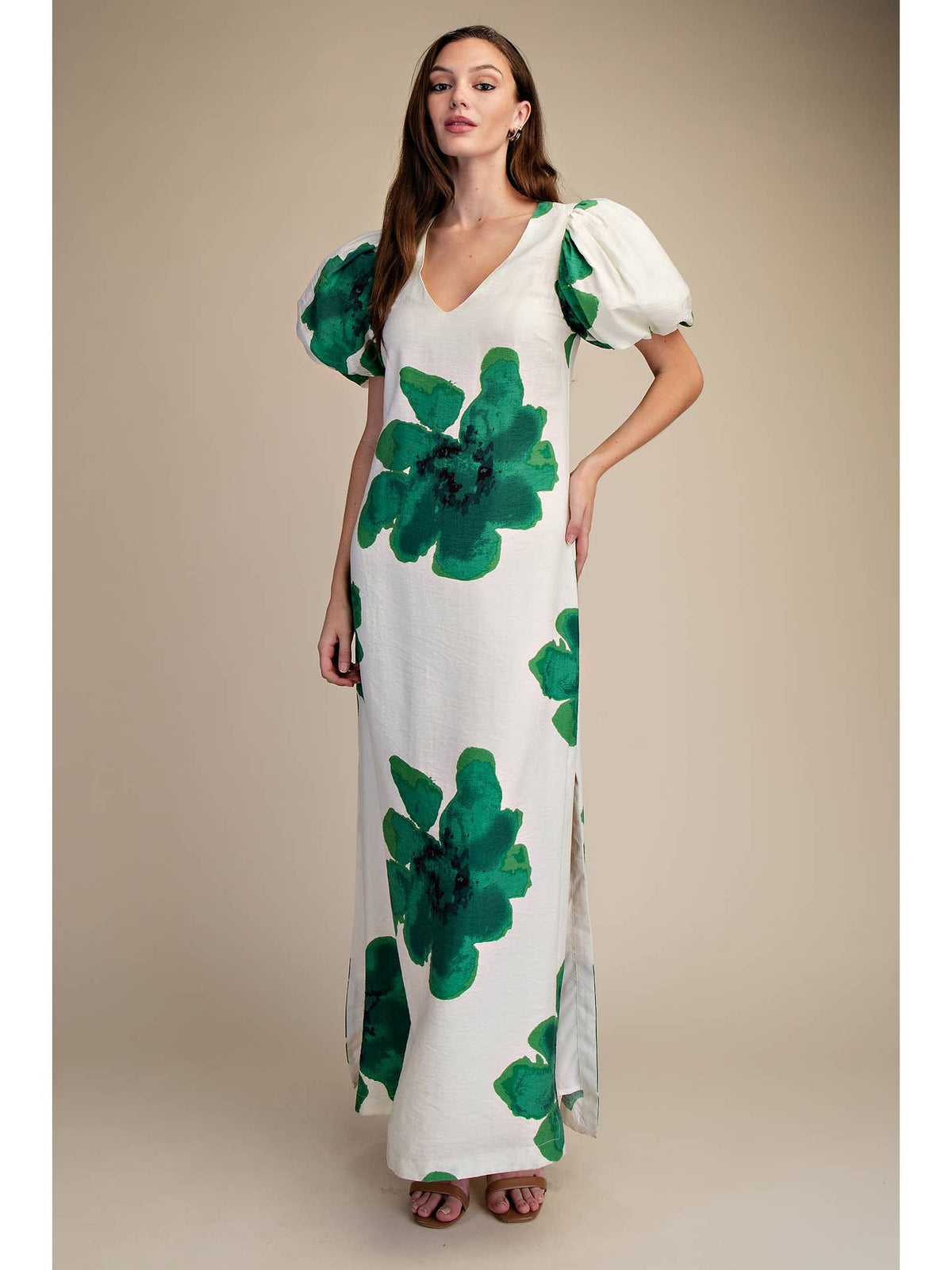 Watercolor Green Floral Puff-Sleeve A-Line White Maxi Dress | Glam