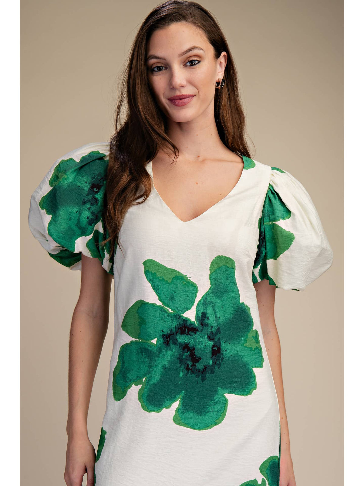 Watercolor Green Floral Puff-Sleeve A-Line White Maxi Dress | Glam