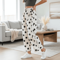 White and Black Polka Dot Print Bow Pocketed Denim Pants | K English Collection