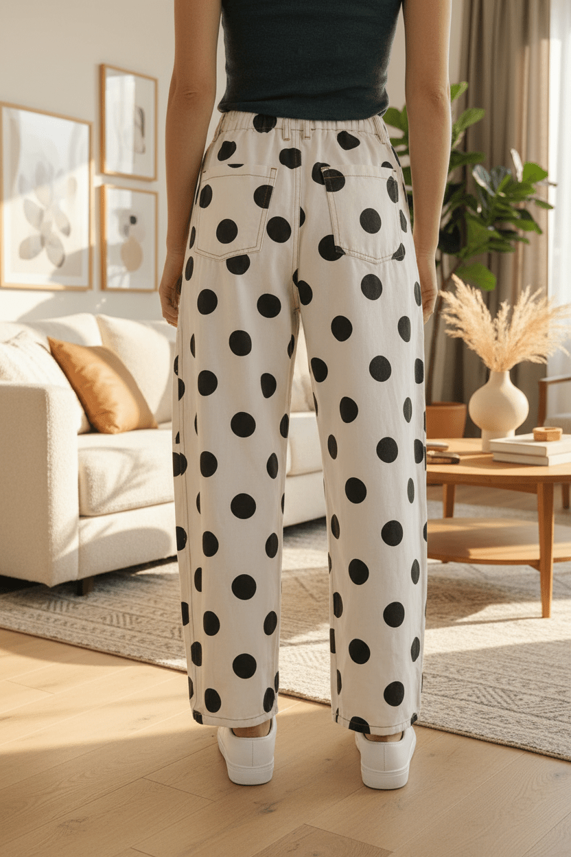 White and Black Polka Dot Print Bow Pocketed Denim Pants | K English Collection
