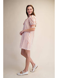 White and Orange Striped Ruffle V-Neck Smocked Puff Sleeve Stripe Mini Dress | Glam