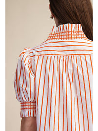 White and Orange Striped Ruffle V-Neck Smocked Puff Sleeve Stripe Mini Dress | Glam