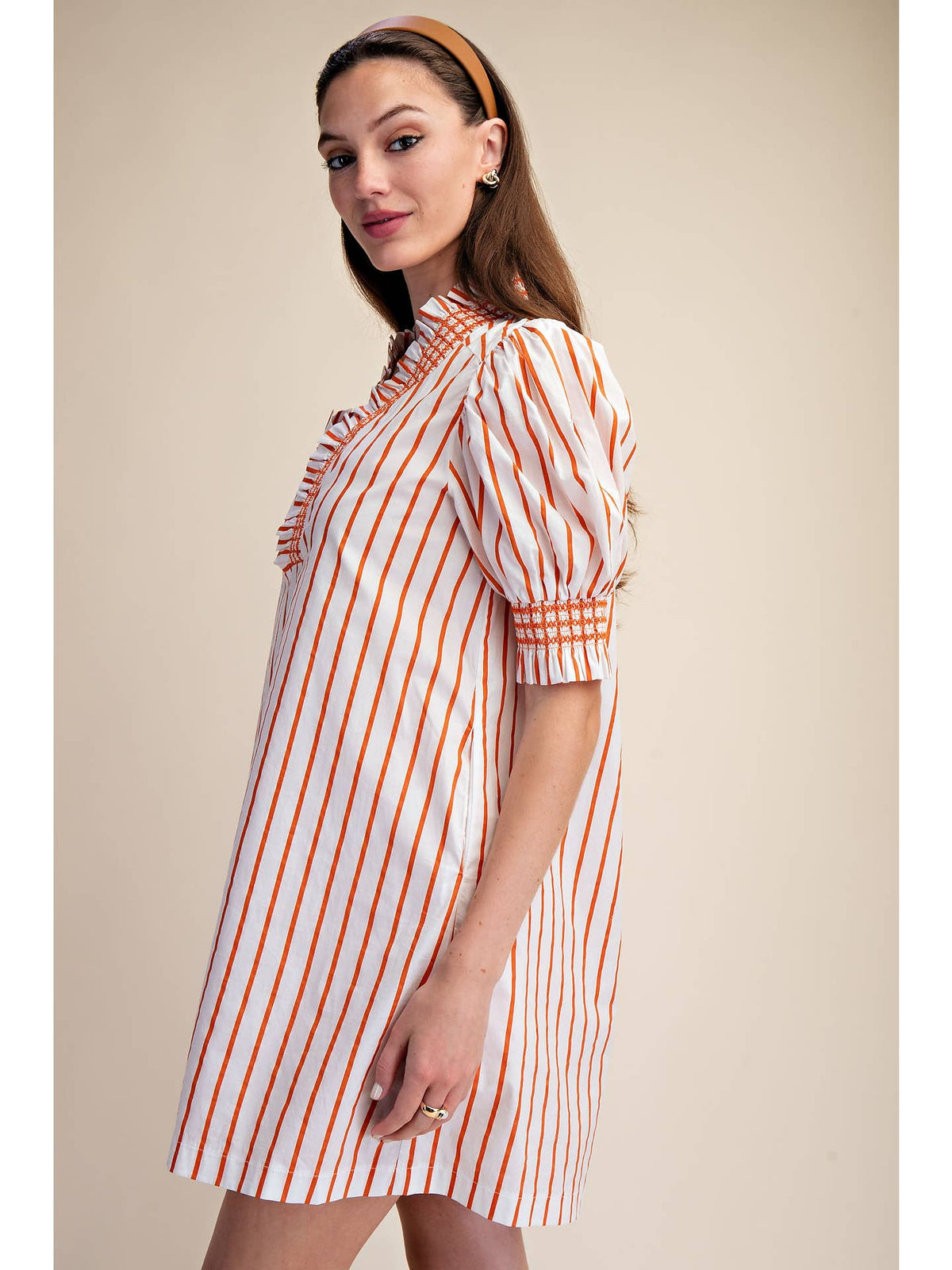 White and Orange Striped Ruffle V-Neck Smocked Puff Sleeve Stripe Mini Dress | Glam