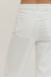 White Denim Ankle Length Wide Leg Pants with Ruffled Hem | Entro