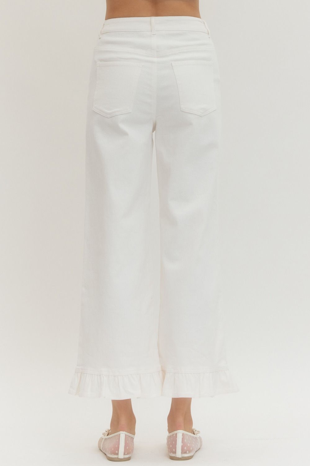 White Denim Ankle Length Wide Leg Pants with Ruffled Hem | Entro
