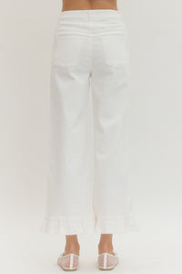 White Denim Ankle Length Wide Leg Pants with Ruffled Hem | Entro