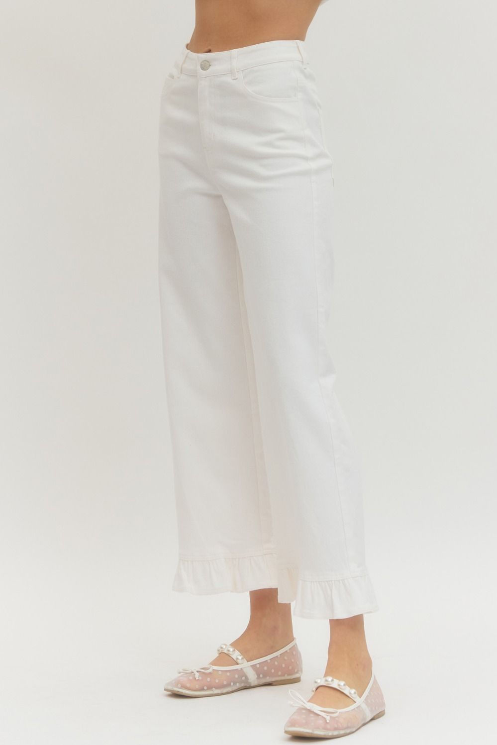 White Denim Ankle Length Wide Leg Pants with Ruffled Hem | Entro