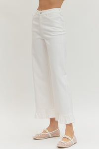 White Denim Ankle Length Wide Leg Pants with Ruffled Hem | Entro