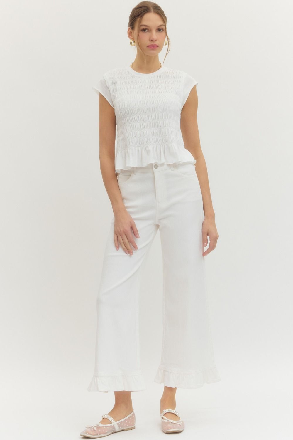 White Denim Ankle Length Wide Leg Pants with Ruffled Hem | Entro