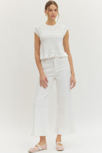 White Denim Ankle Length Wide Leg Pants with Ruffled Hem | Entro