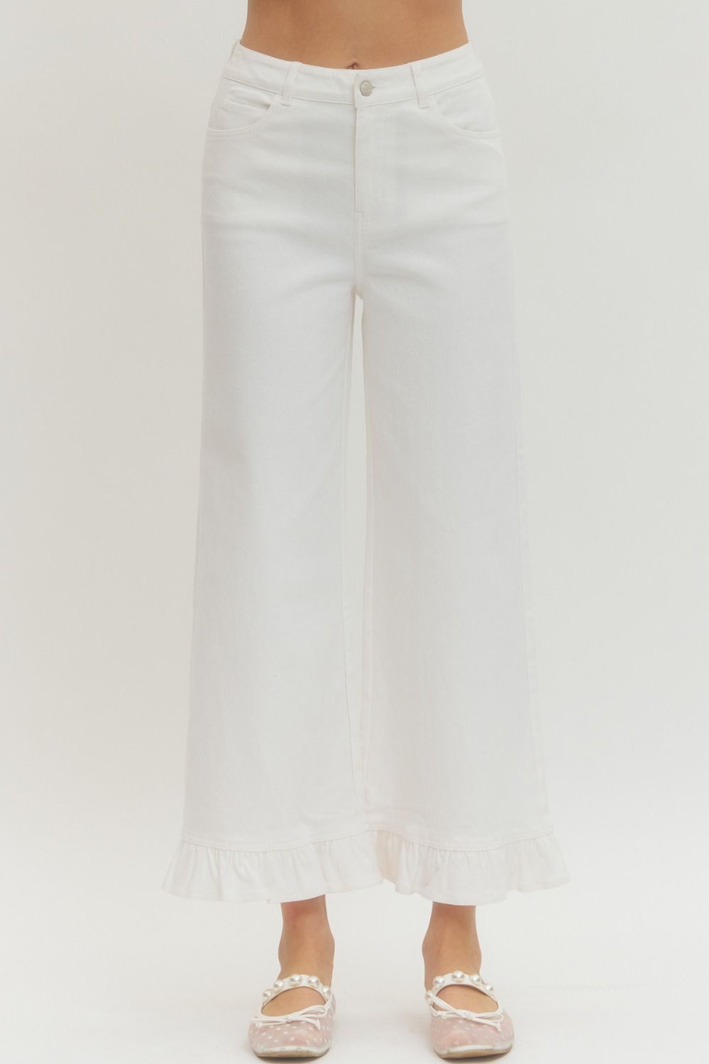 White Denim Ankle Length Wide Leg Pants with Ruffled Hem | Entro