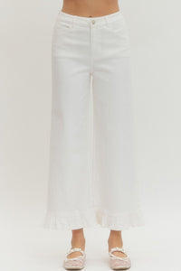 White Denim Ankle Length Wide Leg Pants with Ruffled Hem | Entro