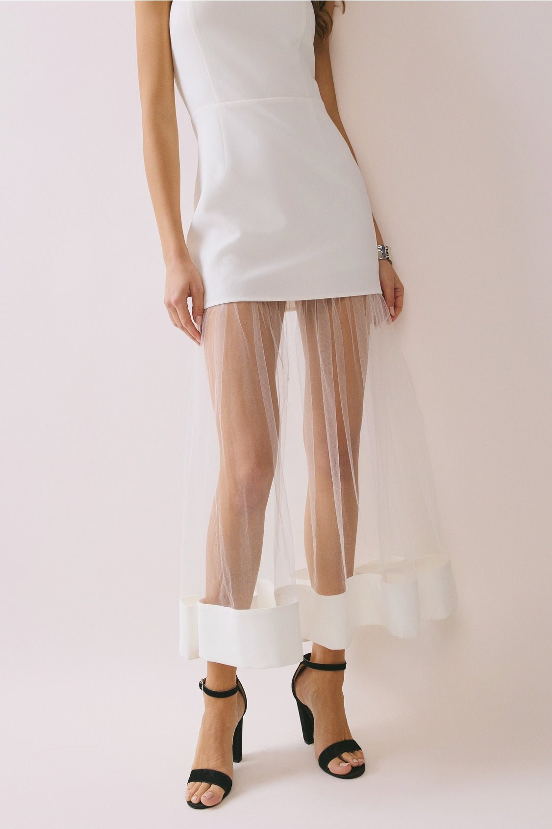 White Elegant Strapless Sheer Mesh Hem Maxi Dress Small