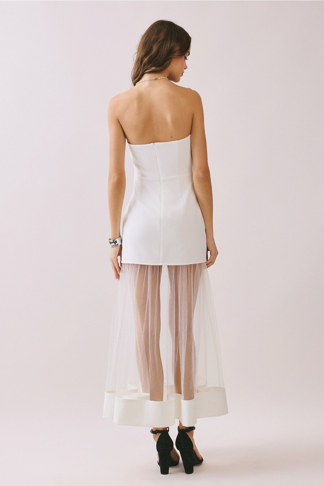 White Elegant Strapless Sheer Mesh Hem Maxi Dress Small